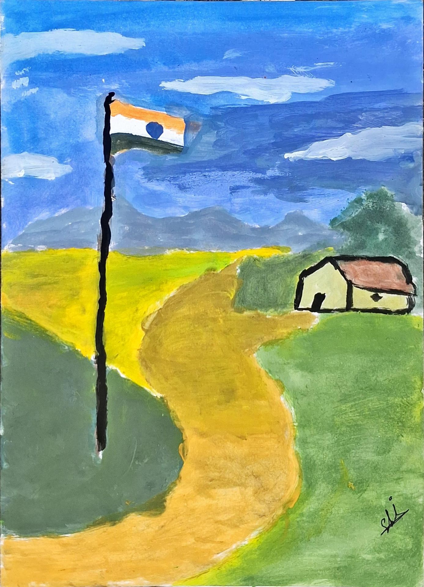 Tiranga Hills — Watercolor by Thej, age 11